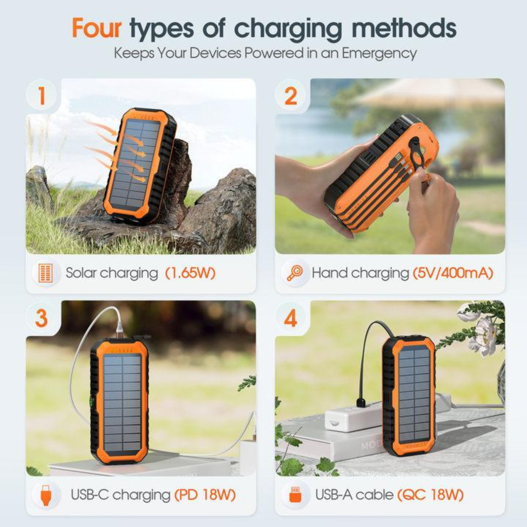 Solar Charger Power Bank 40000mAh Built in 4 Cables and Hand Crank
