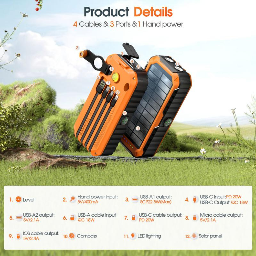Solar Charger Power Bank 40000mAh Built in 4 Cables and Hand Crank